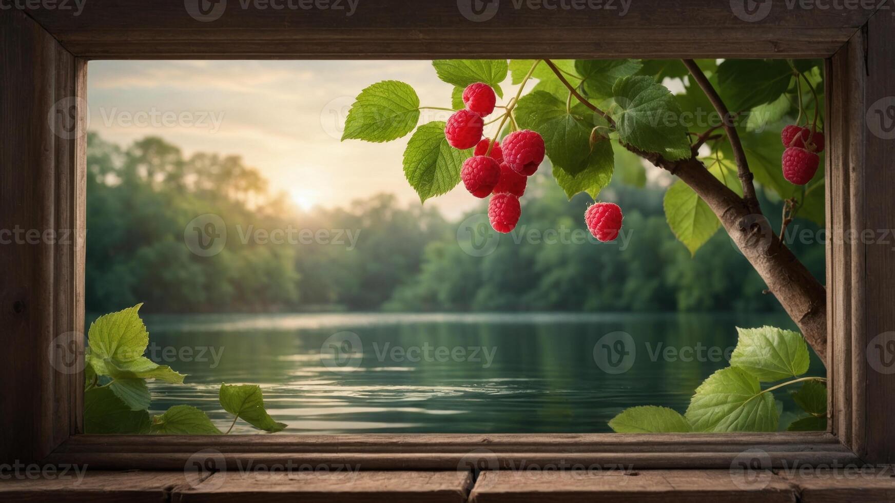 A serene view of ripe raspberries hanging from a branch, framed by a rustic window overlooking a tranquil lake at sunset, with lush greenery in the background photo