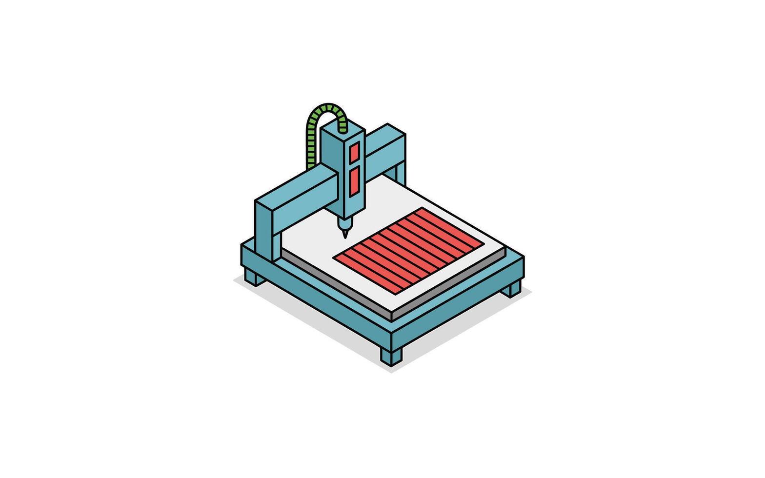 Isometric CNC Machine Illustrating Automated Manufacturing Processes and Precision Cutting with Red Material, Depicting Engineering, Technology, and Innovation in Modern Industrial Settings vector
