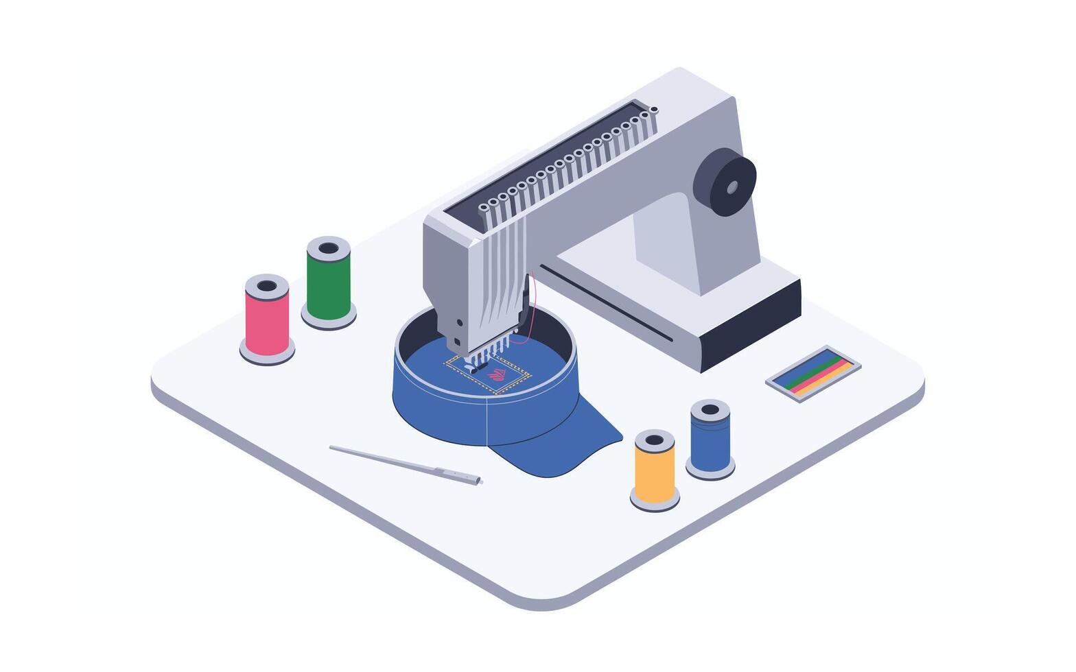 Isometric Embroidery Machine Embroidering a Cap with Thread Spools, Needle, and Display on a Table, Showcasing Manufacturing and Craftsmanship vector