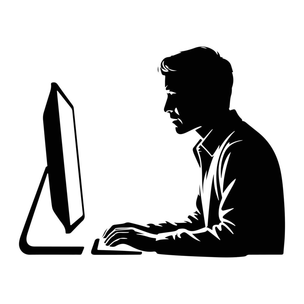 Man typing on computer silhouette keyboard vector