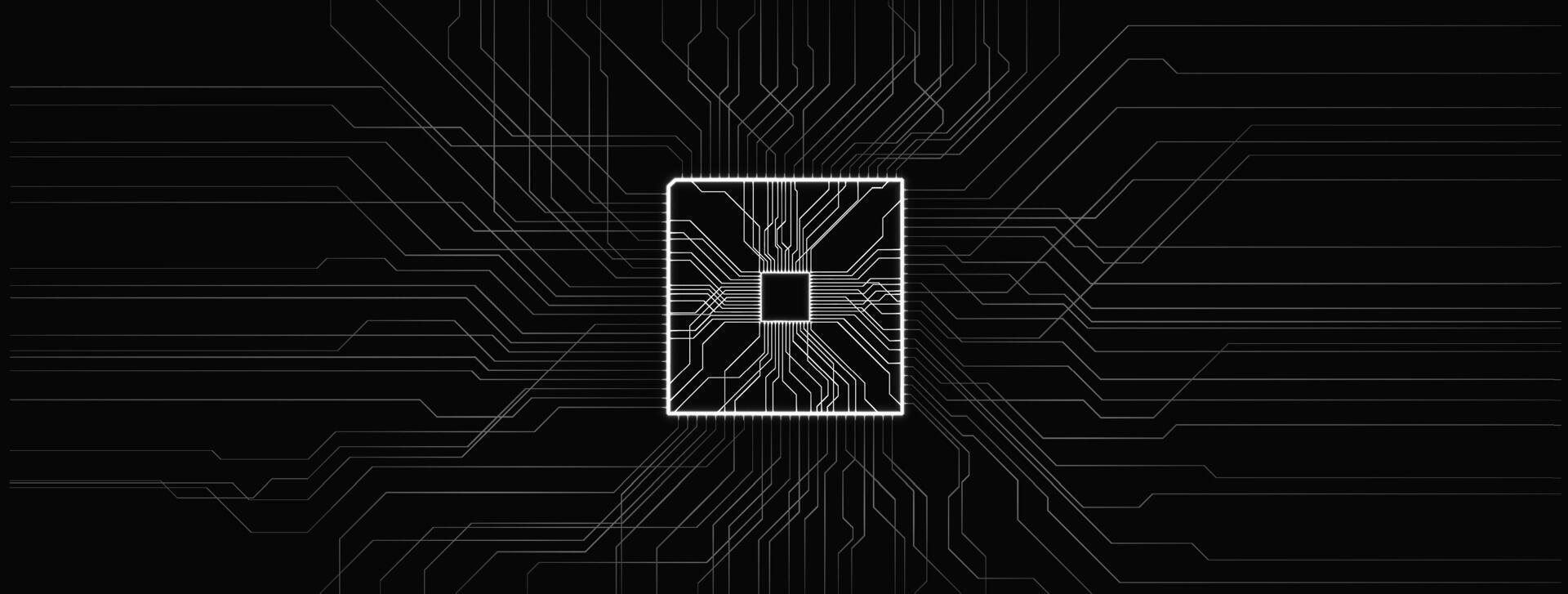 A high-tech microchip is centered in a visually striking design against a black background. Surrounding circuits radiate outwards, illustrating modern electronic technology in detail. vector