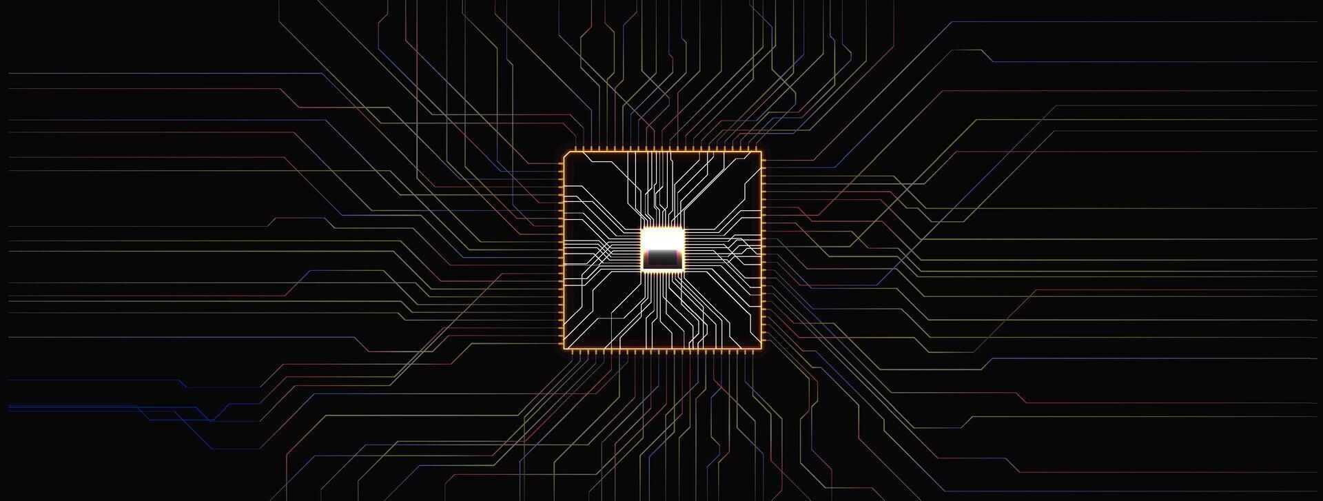A microchip is depicted at the center, surrounded by glowing circuit lines that radiate outward. The background is black, highlighting the intricate design and technology theme. vector
