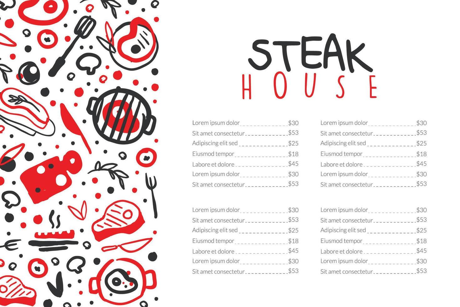 Steak House Menu Template with Meat Products Seamless Pattern and Space for Text , Card, Flyer, Poster Design Illustration vector