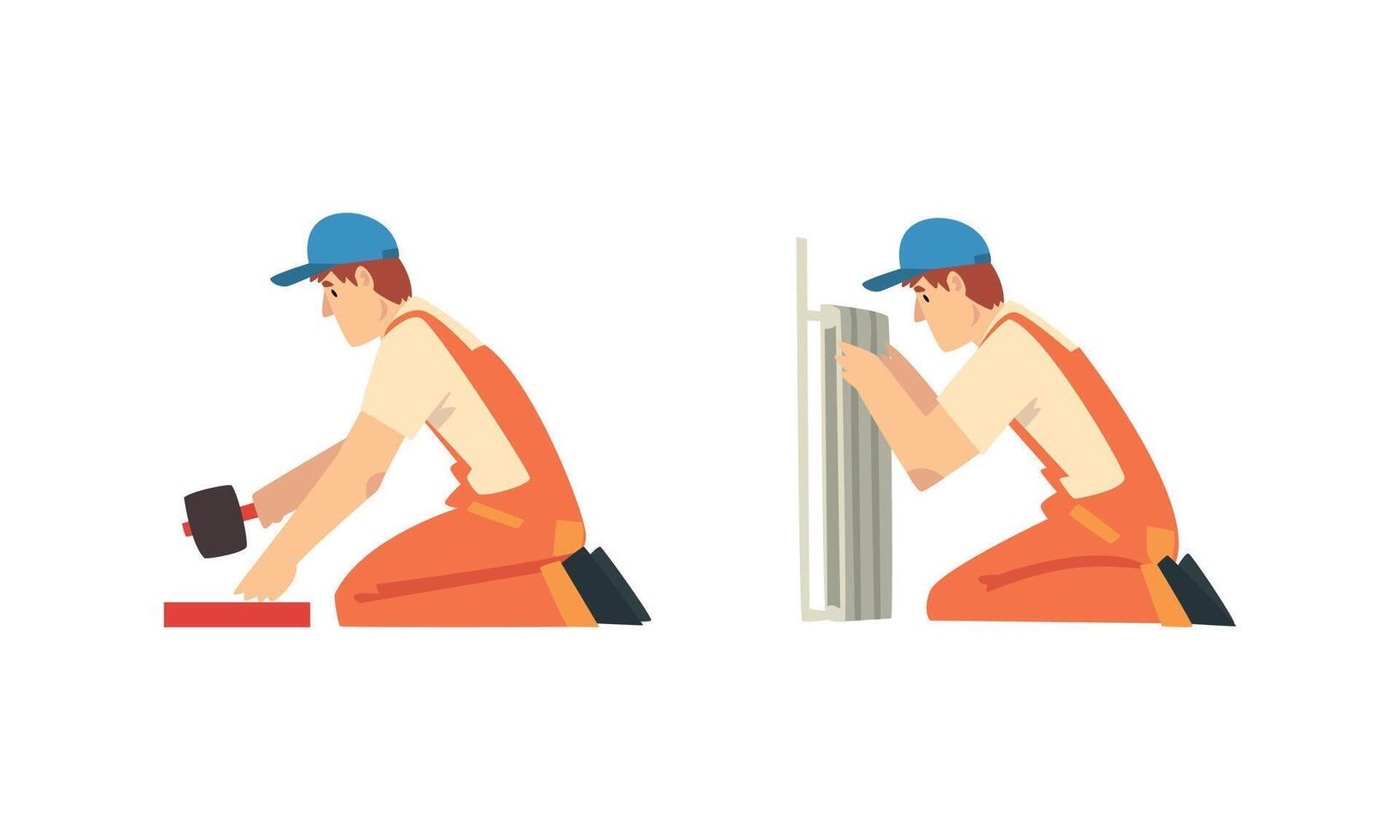 Man Worker in Orange Overall and Blue Cap Hammering and Installing Heating Radiator Set vector