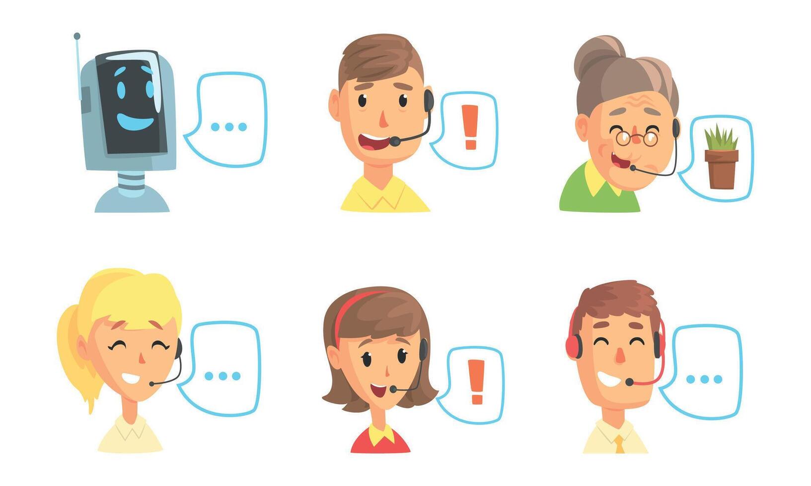 Funny Call Center Operators Set, Technical Support and Customer Service Representatives Cartoon Illustration vector