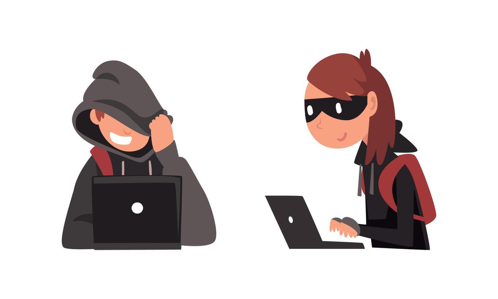 Man and Woman Hacker in Hoody and Mask Stealing Money Using Laptop Set vector