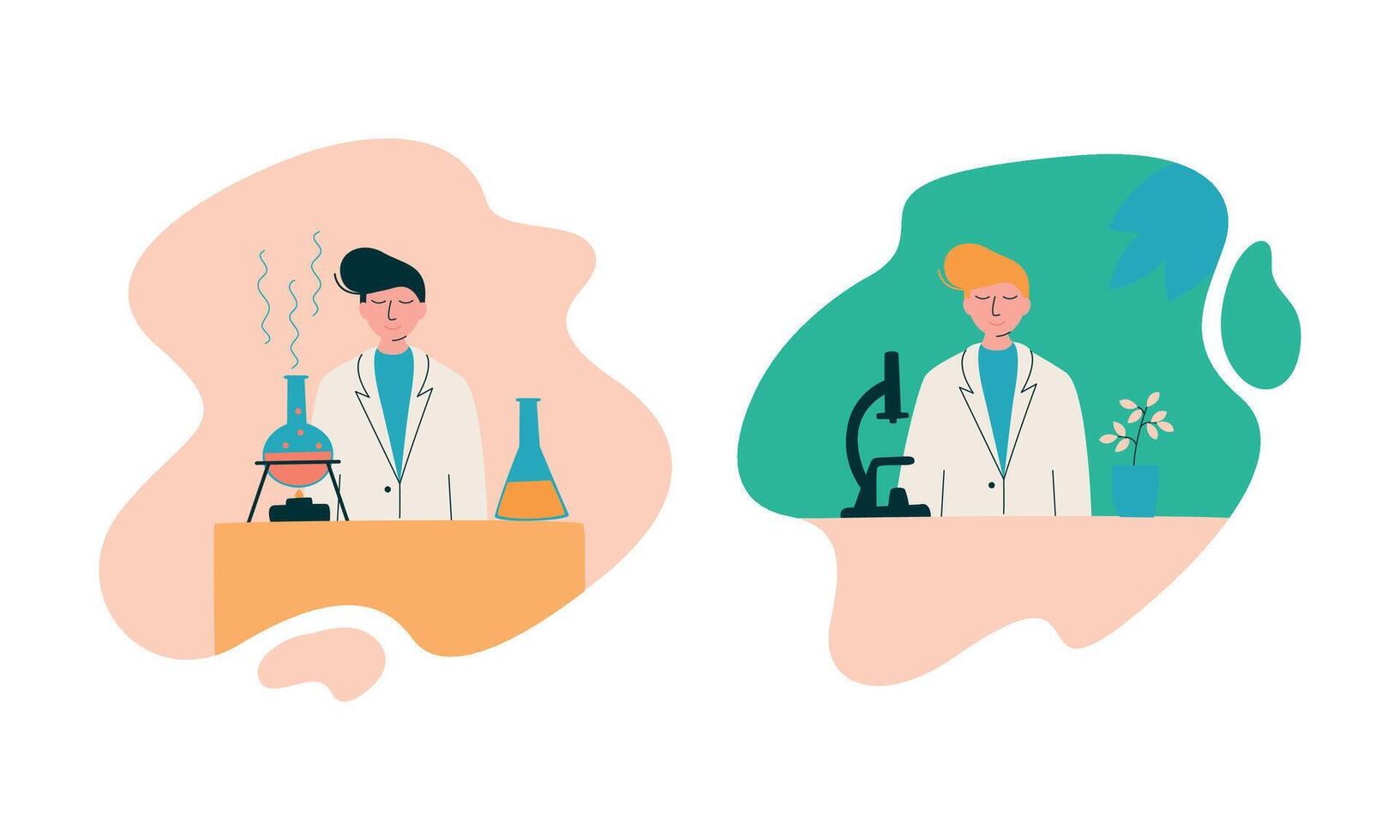 Man Scientist in Laboratory Coat Conducting Research and Investigation with Microscope and Flask with Chemical Substance Set vector