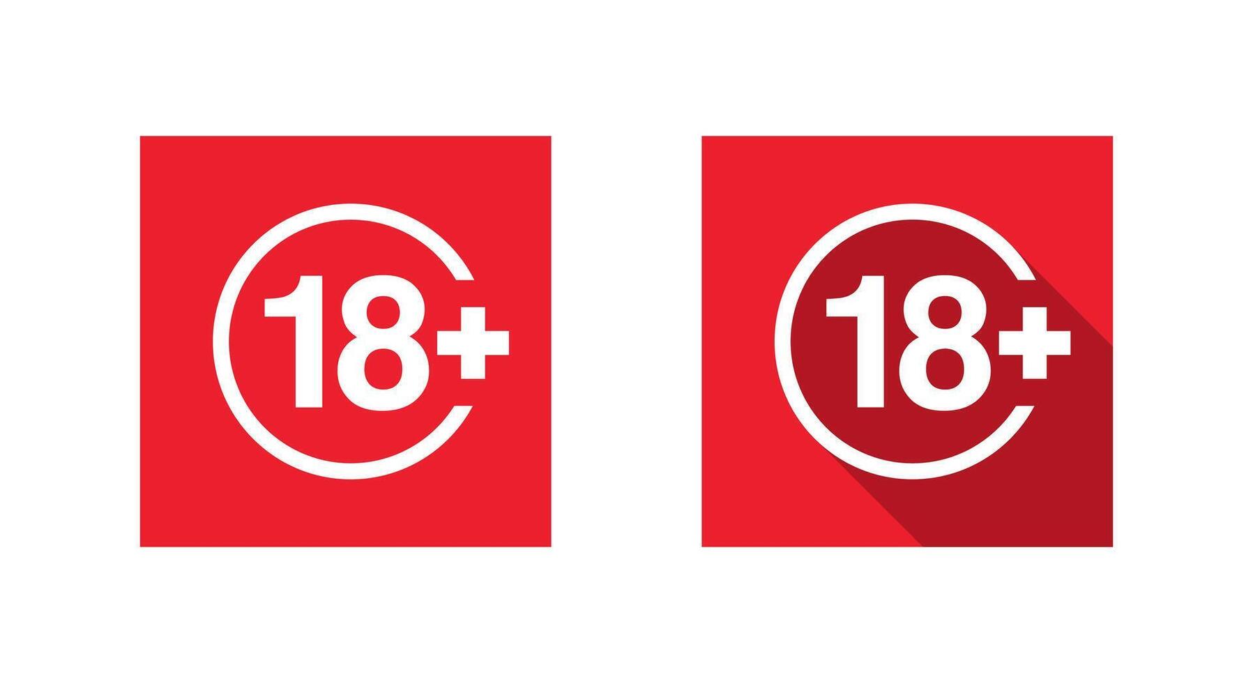 Eighteen plus icon with long shadow. Age restriction warning sign. Adults only symbol in red square vector
