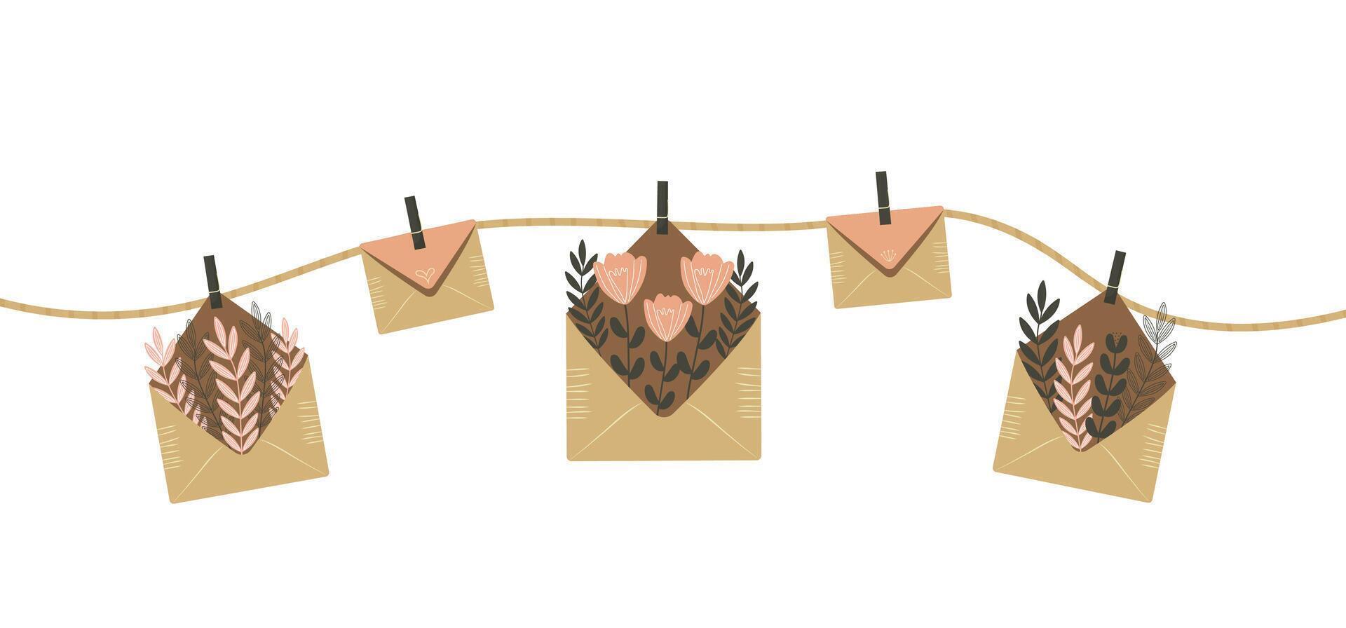 Flat illustration of kraft envelopes on string isolated on white. vector