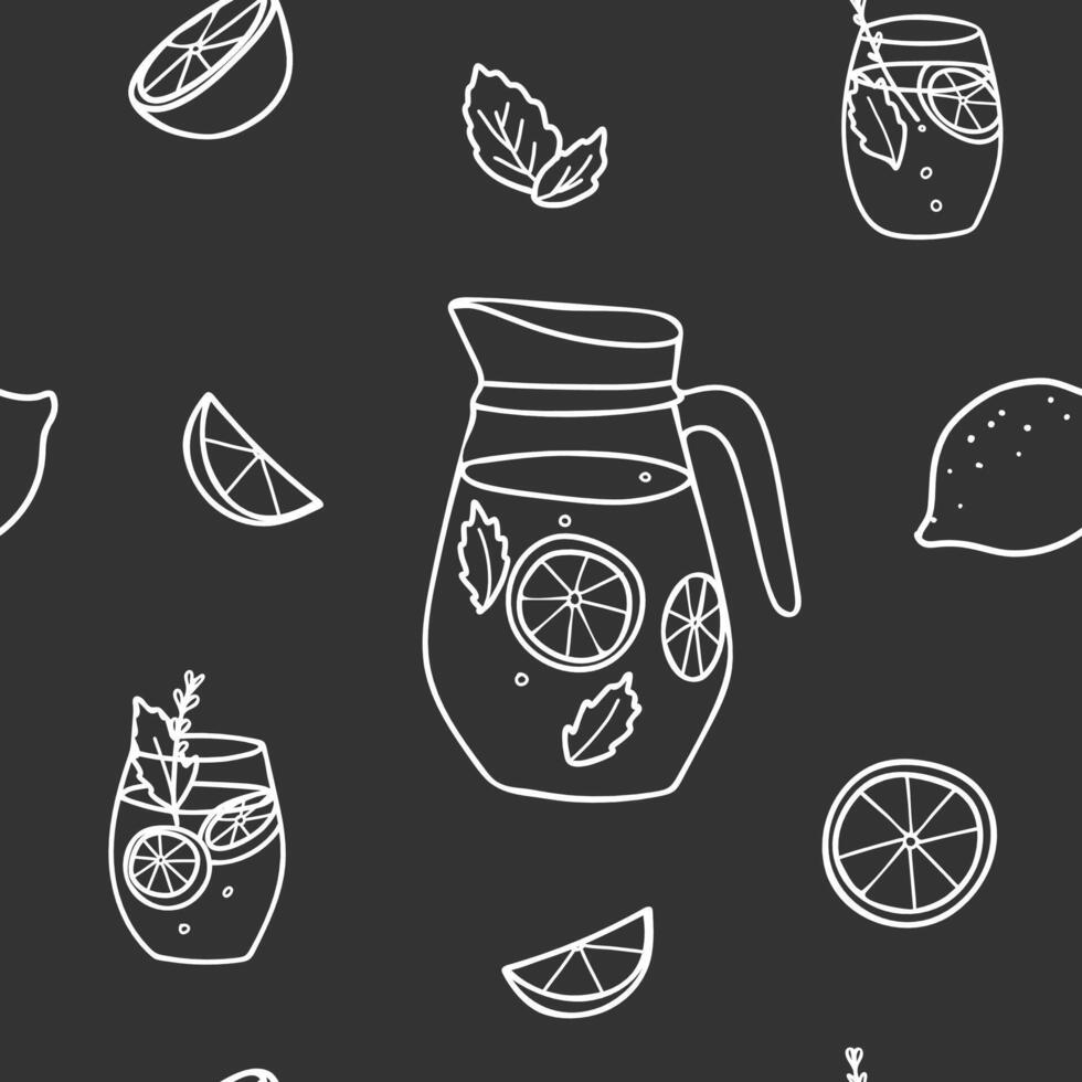 Lemonade seamless graphic pattern in minimalistic style. White line art on a black background. Hand drawn Doodle illustration of Lemonade Jug and Glasses, Lemon slices and mint. For paper, menu vector