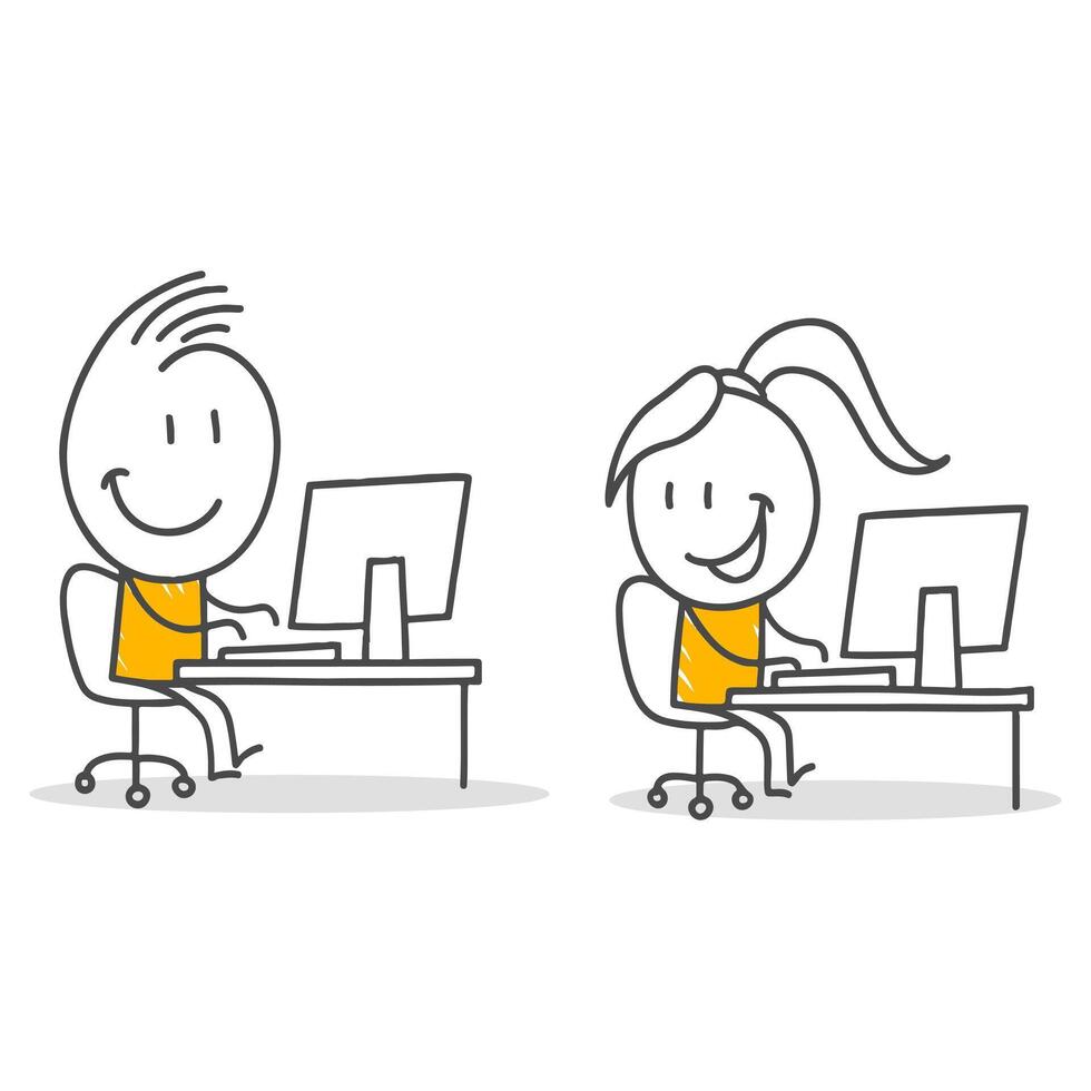 Stick figures. Happy stick figure illustration of a man and woman working at computers in an office environment vector