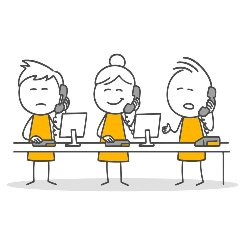 Stick figures. Drawing showing teammates communicating with computer and phone in an office environment vector