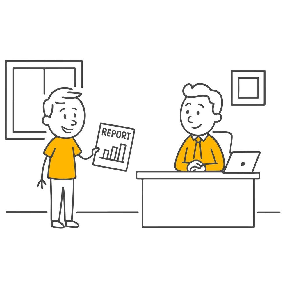 Stick figures. Stick figure illustration of an office scene with an employee presenting a report and a manager sitting at a desk. vector