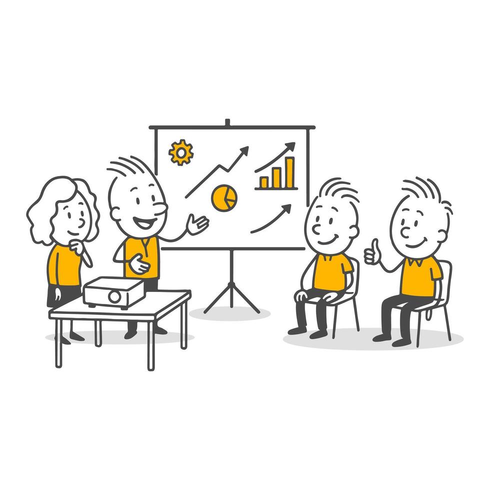 Team leader presenting charts and data during a business meeting with attentive team members. vector