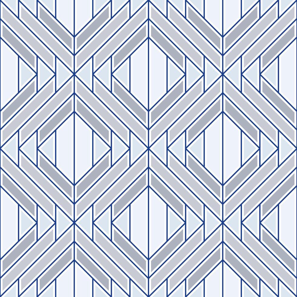 Gray stripes and blue outlines on white background. Ornament of repeating diagonal lines and triangles. Geometric seamless pattern. Background in calm colors. vector
