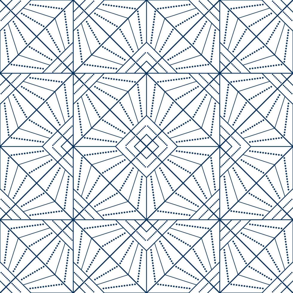 Seamless geometric pattern from lines and dots. decorative square diagonal ornament. Blue pattern on white background. Strict monochrome design. Mosaic tile background for design project. vector