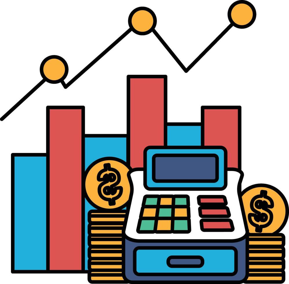 A graph with three lines and a calculator with a stack of coins on top of it vector