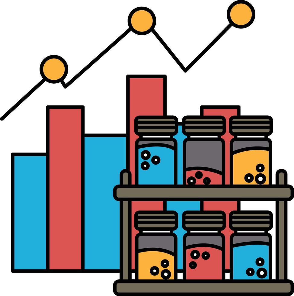 A graph with a line going up and down and a bunch of jars on a shelf vector