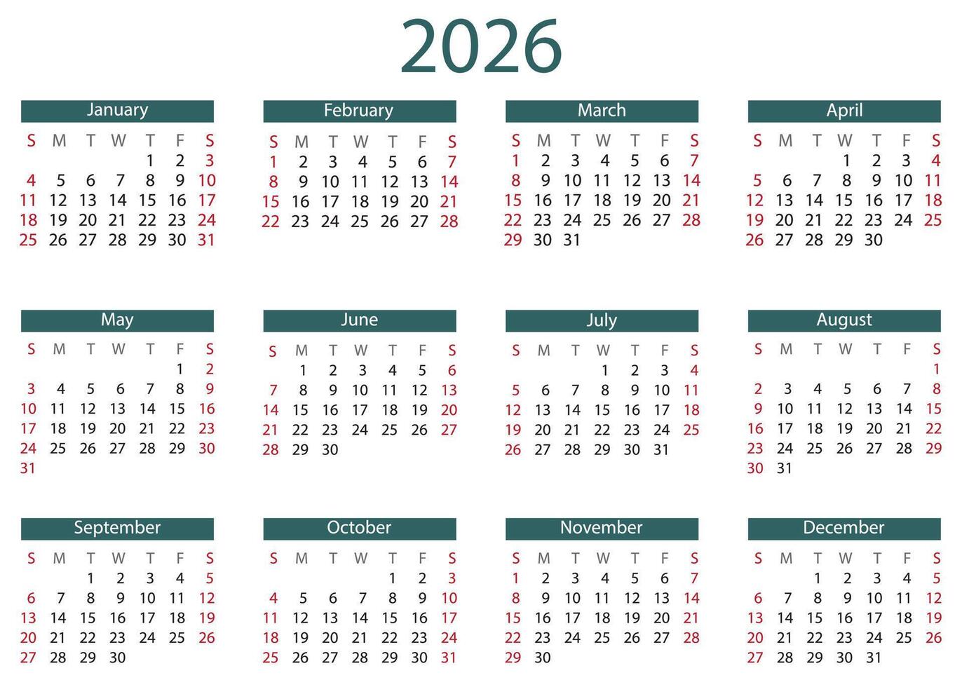 Comprehensive Year 2026 Calendar Design With Months and Weekdays Comprehensive Year 2026 Calendar Design With Months and Weekdays