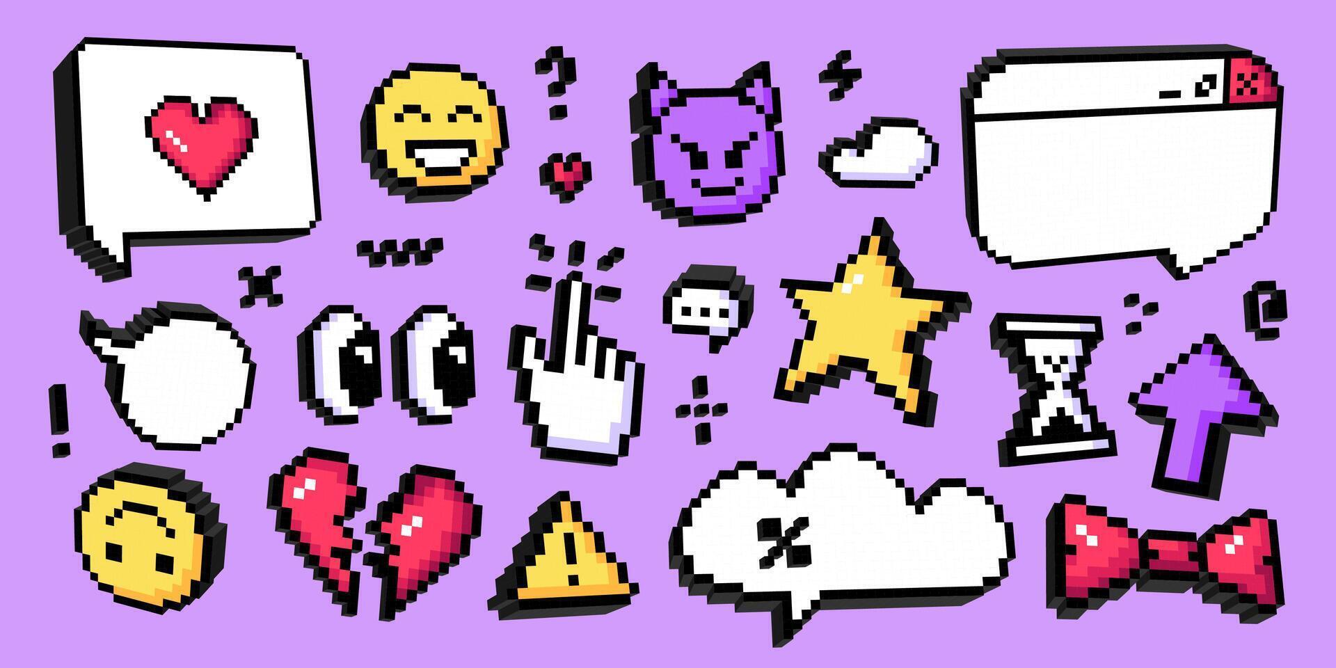 Collection of pixel art icons in 3D retro style. Various icons, speech bubbles, emoji, hearts, cursor, warning sign, star, message. Symbols, stickers for digital game, communication, social media. vector