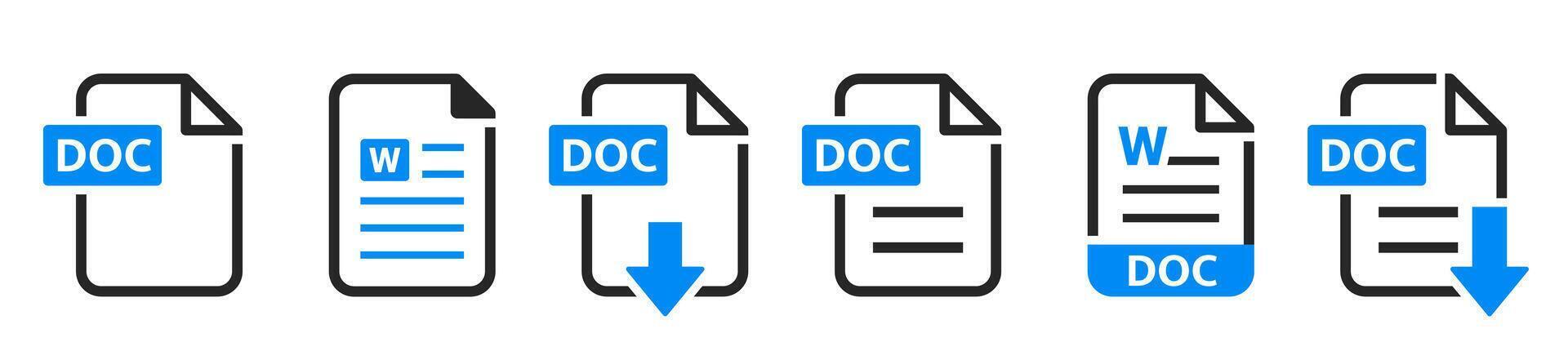 DOC file format icons set. DOC file download symbols. Format for text, writing, images, tables. vector
