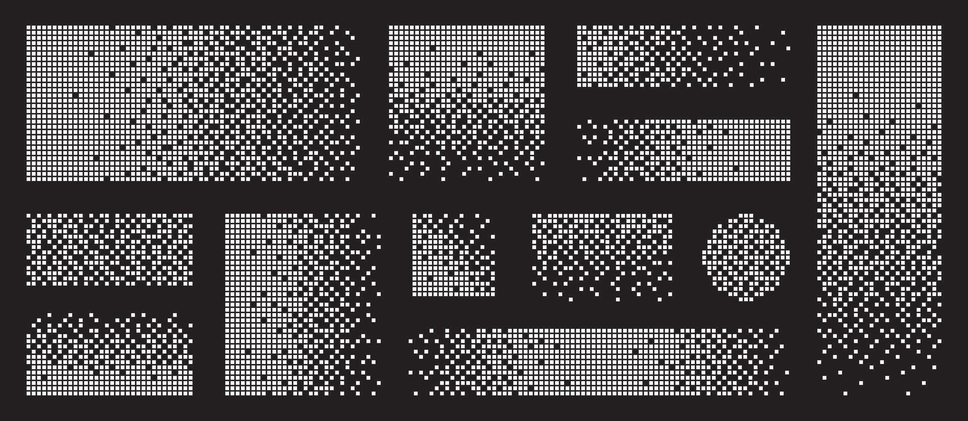 Dispersed background set. Pixel disintegration, pixel gradient, decay effect, mosaic, transform rectangle. Transition from pixels. vector