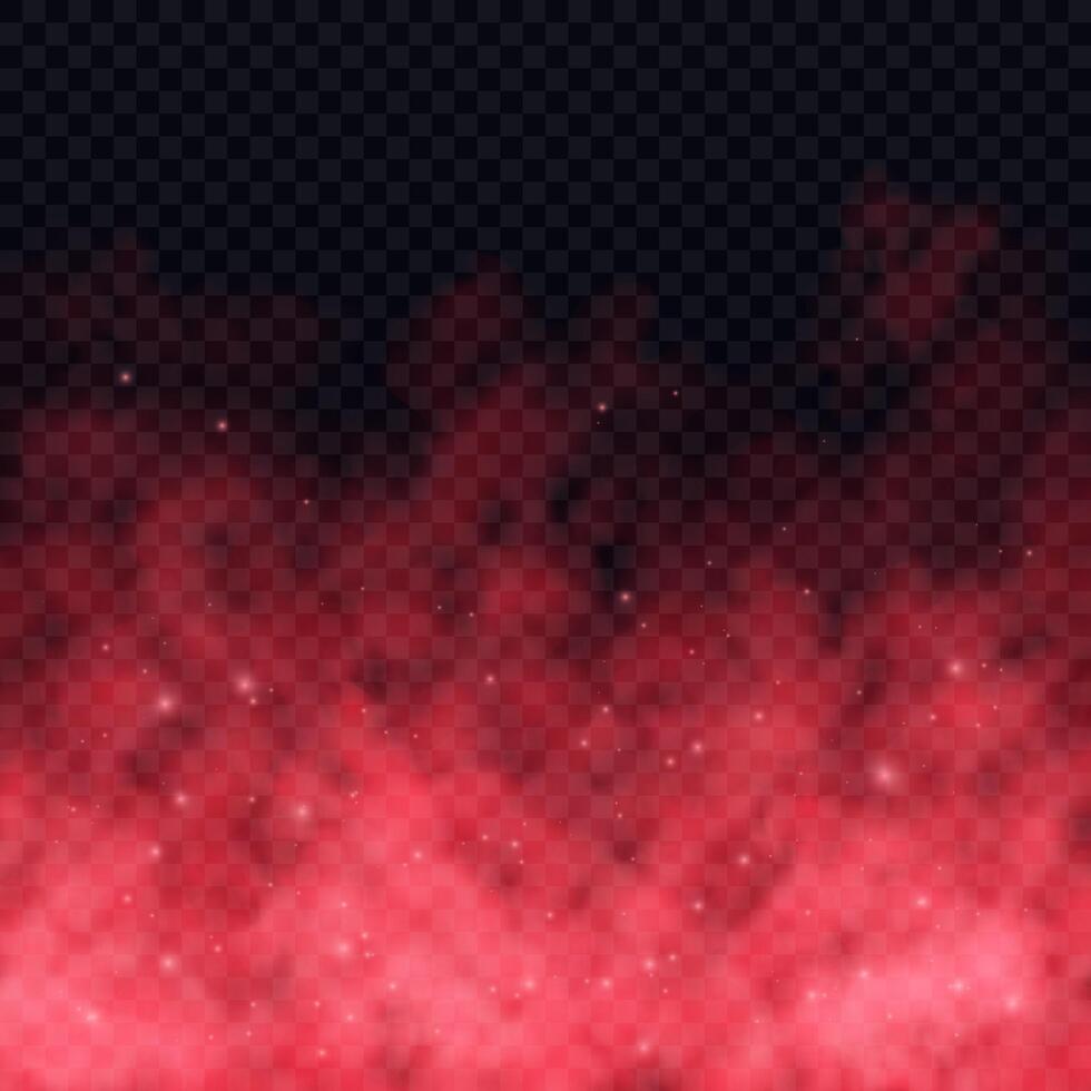 Magic red fog, smoke, dust, steam or clouds. Isolated special effect. Cloudy and fluffy texture with sparkles, fire smoke wave, or smoking explosion. Square border. vector