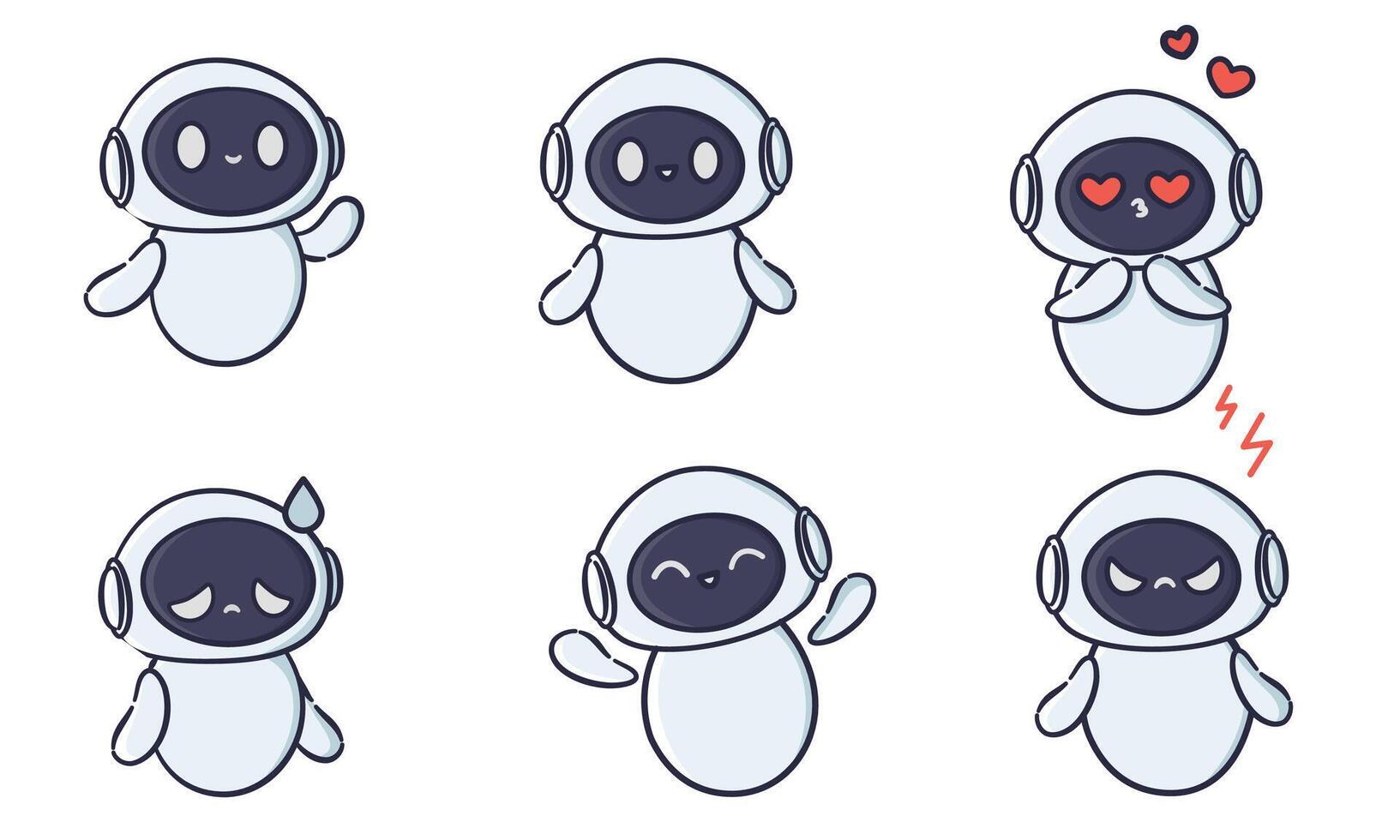 un conjunto de ilustraciones en un simple, infantil estilo. un linda robot con diferente emociones y en diferente posa vector