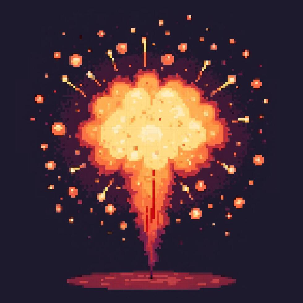 Bright pixel art explosion illustration. Perfect for game development, digital design, or visual effects projects. Retro style, vibrant colors, dynamic impact. vector