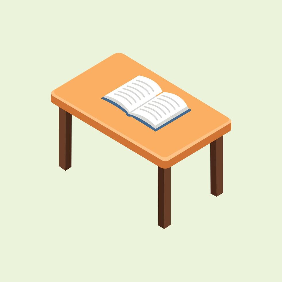 Isometric illustration of a wooden table with an open book on it, depicting an atmosphere of studying, reading, and educational activities. vector