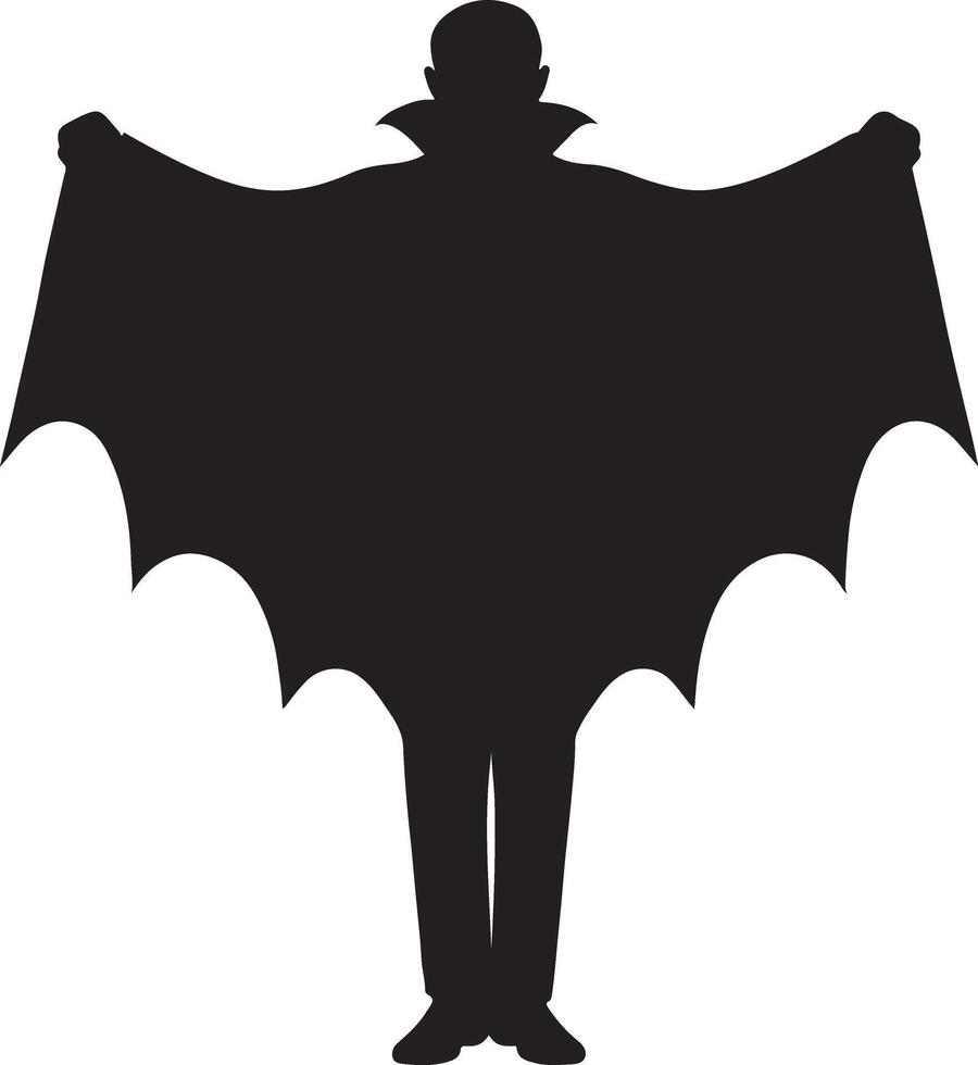 Dramatic silhouette of a gothic vampire in a flowing cape with arms outstretched in a mysterious pose isolated on white background vector