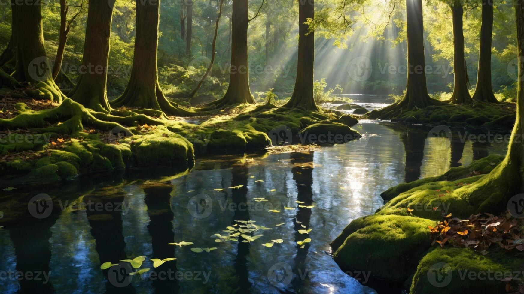 Serene forest scene with sunlight filtering through trees, reflecting on a tranquil stream in nature photo
