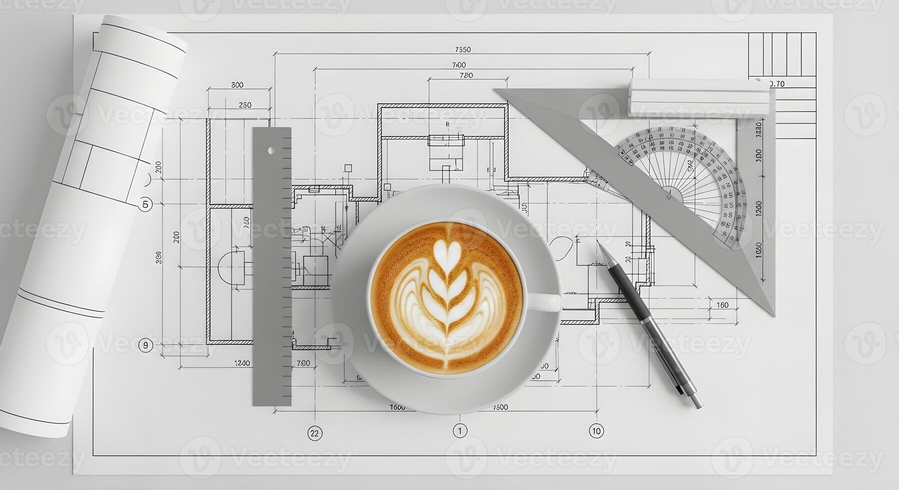 Architect's drafting table with coffee and design tools. A clean, professional flat lay with blueprints and protractor, representing architecture, engineering, precision, and project planning. photo