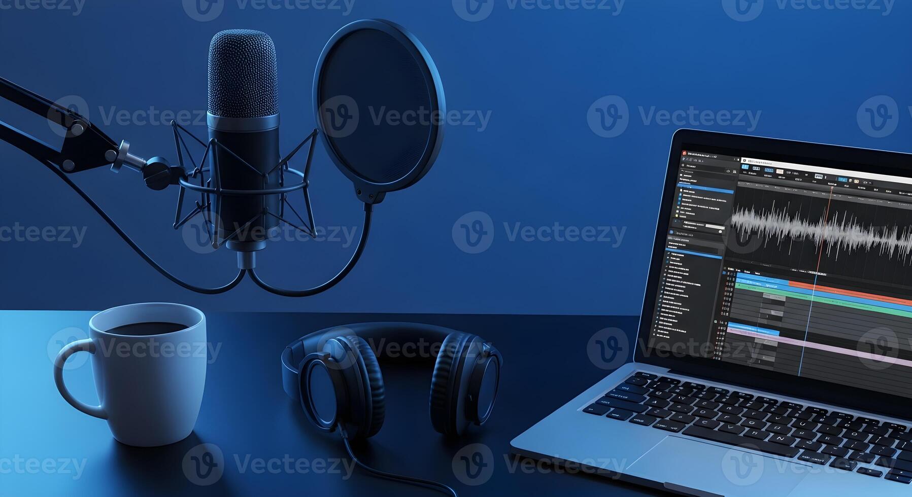 Modern podcaster's desk setup with a microphone and coffee. A top-down view of a digital creator's workspace, symbolizing broadcasting, podcasting, audio production, and online communication. photo