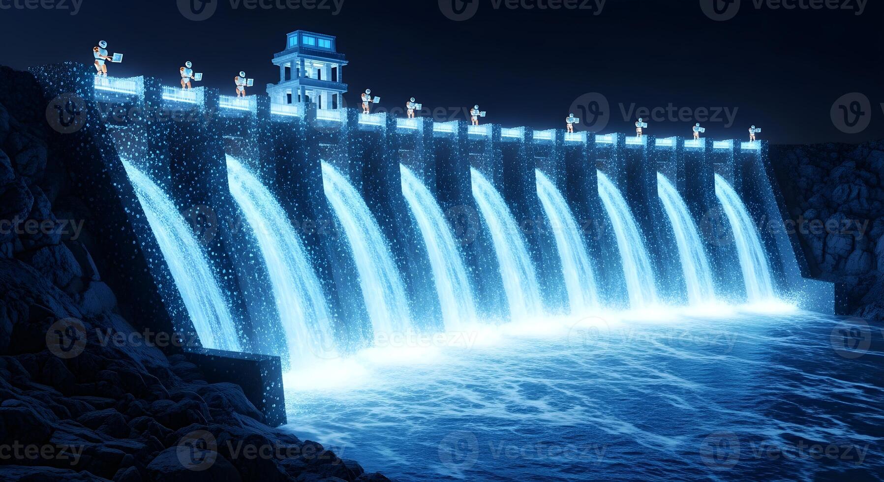 A team of robots managing a massive data dam, a strong visual metaphor for data governance, information flow control, data regulation, and managing the overwhelming scale of big data. 3D render. photo