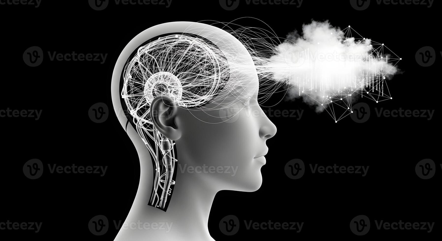 Minimalist profile view of an android head with a neural network flowing into a data cloud photo