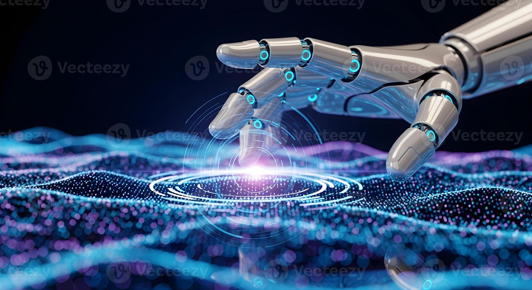 Close-up of a robotic hand touching a flowing stream of digital information, showcasing the tactile connection between machine and data photo
