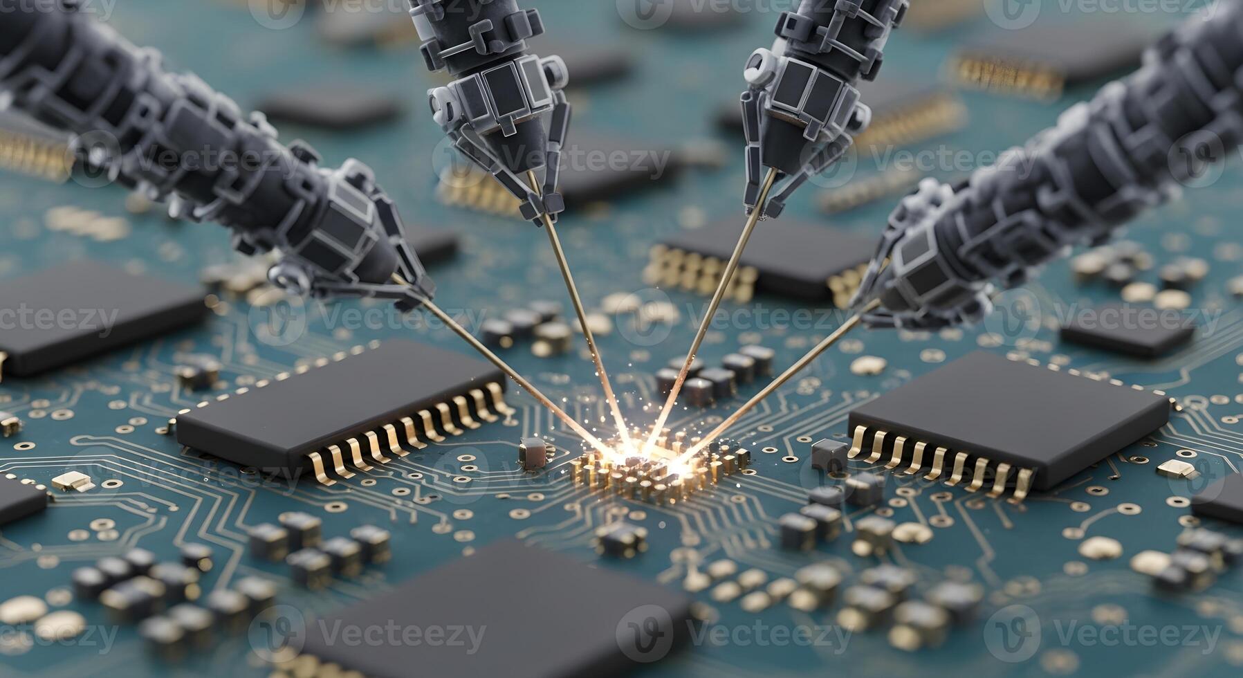 Microscopic view of nanobots repairing a circuit board with light streams, a futuristic concept representing nanotechnology, precision engineering, micro-robotics, and detailed technical repair work. photo