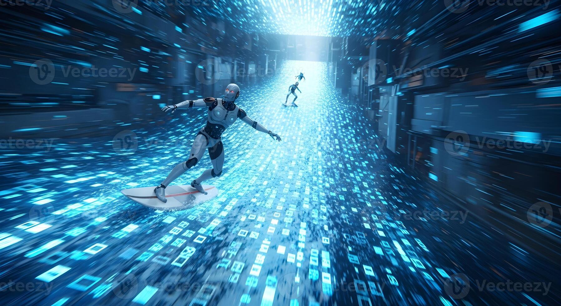 Dynamic photorealistic image of a robot surfing on a high-speed river of digital data photo