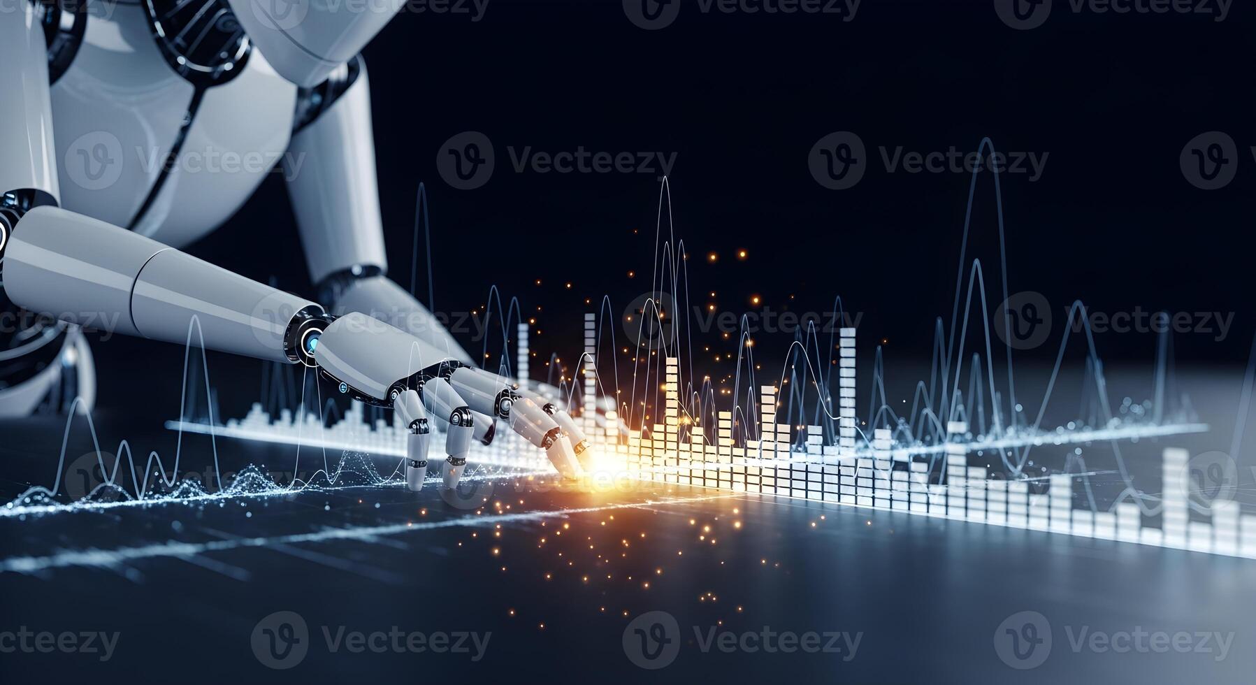 Futuristic concept of AI in music and audio technology, with a robot generating glowing sound waves and equalizer bars photo