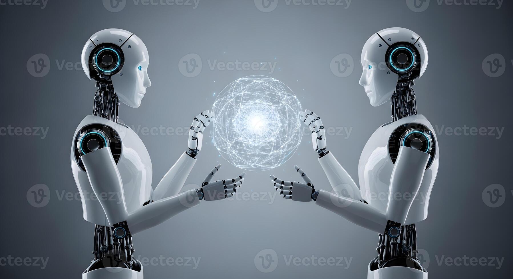 Two robots collaborating and sharing a complex data sphere photo