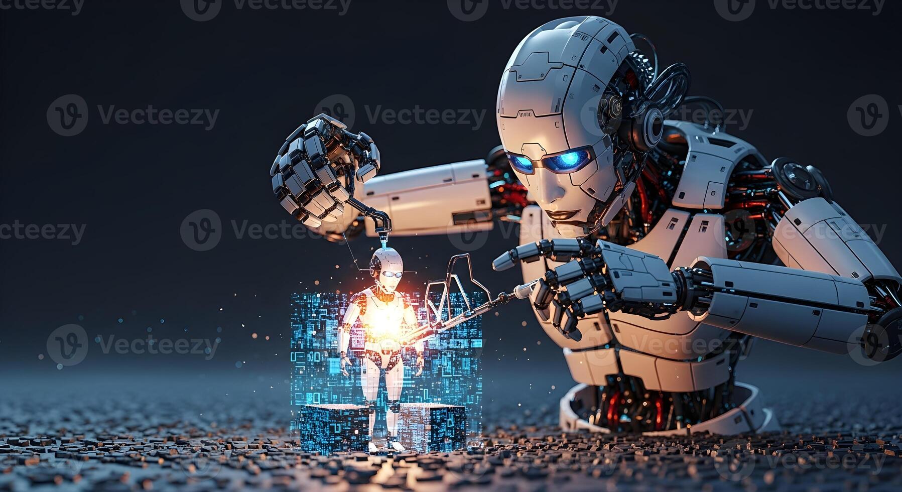 The evolution of AI shown as a robot building a smaller version of it photo