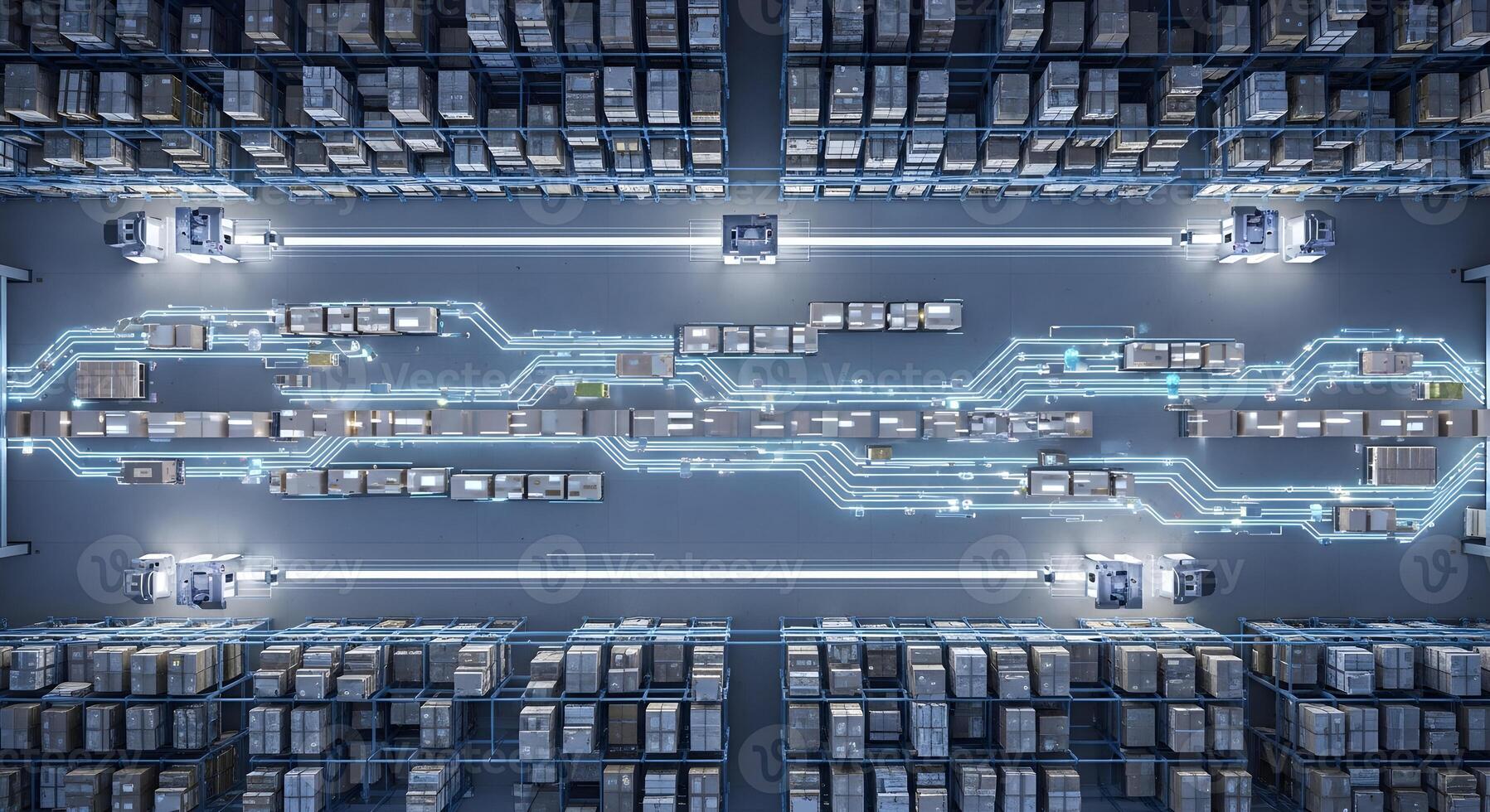 Top-down view of an automated warehouse with robots managing a supply chain via glowing data paths photo