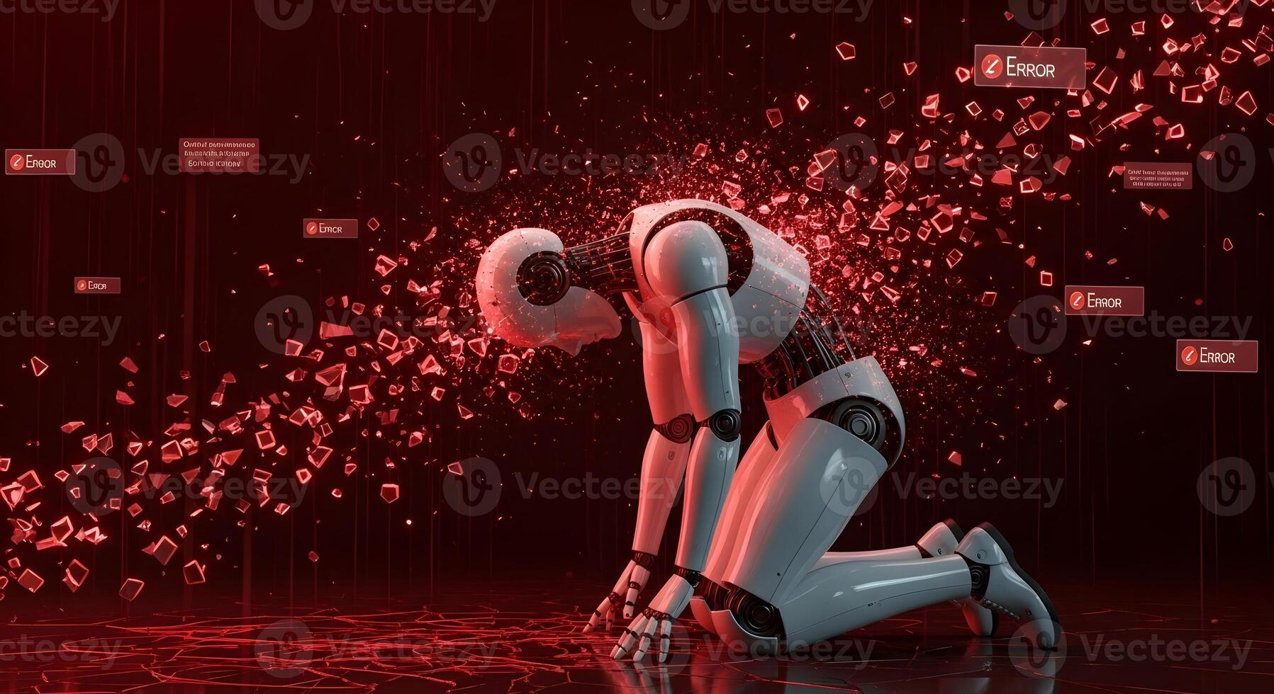 A powerful visual of AI system failure, with a kneeling robot surrounded by fragmenting data and red error messages photo
