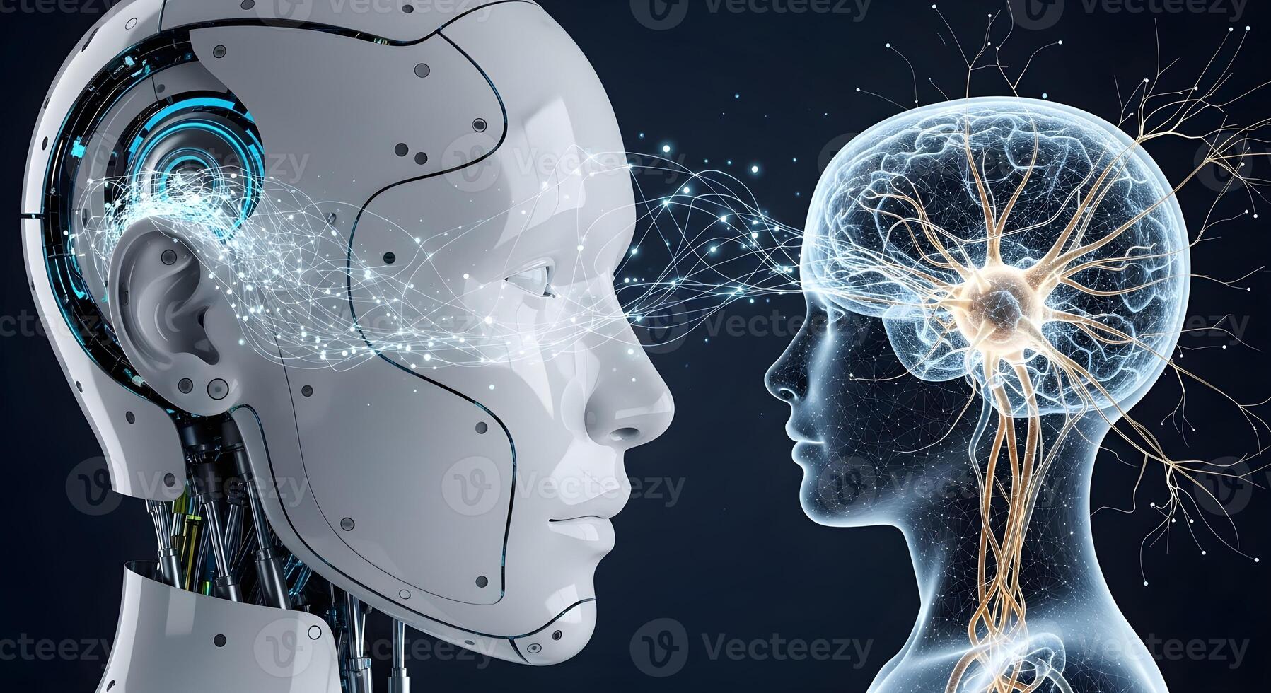 A conceptual close-up of an AI brain-computer interface, with data streams connecting a robot's mind to a neural network photo
