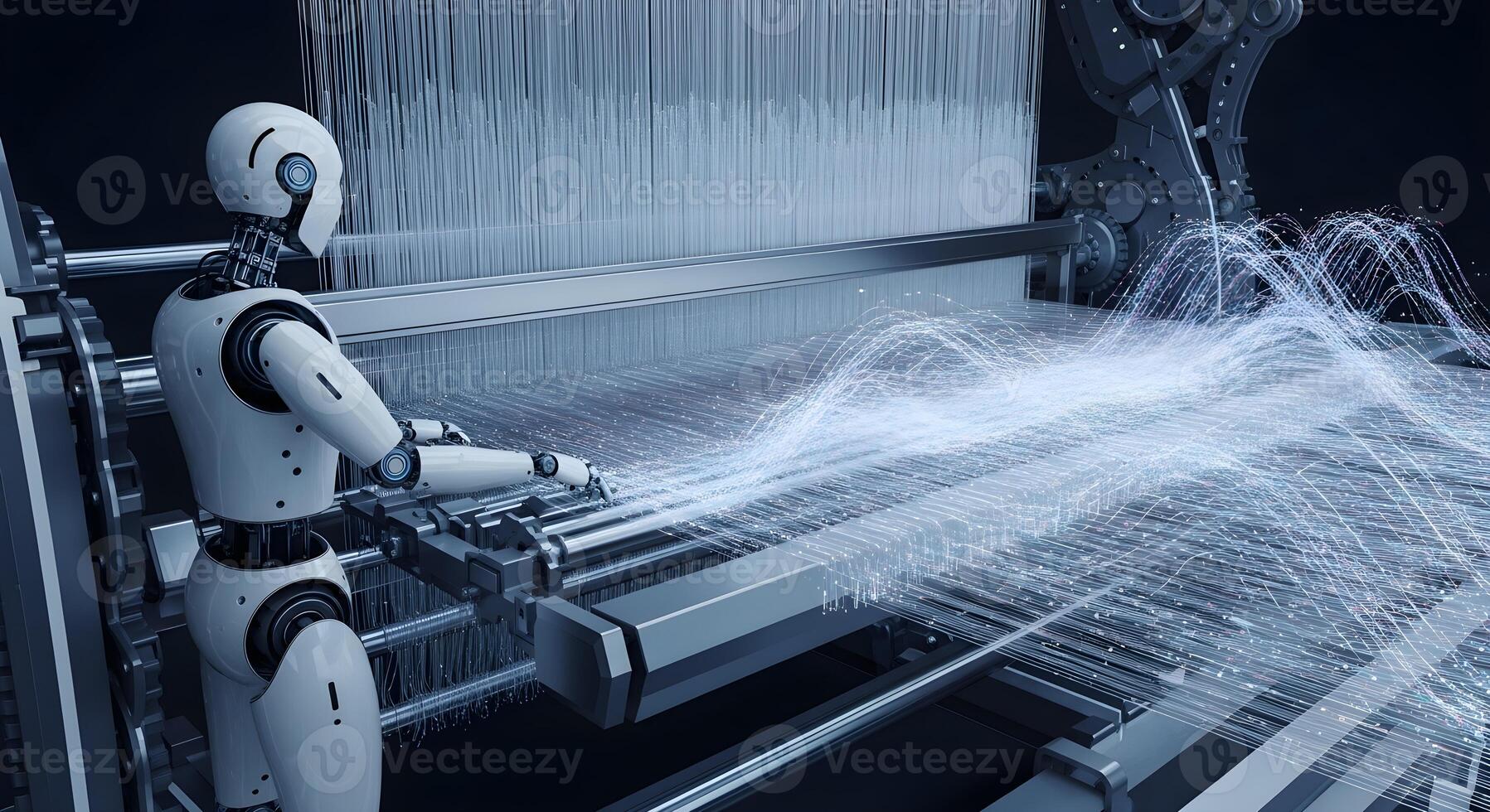 A digital weaver robot operating a futuristic loom to create fabric from data threads photo