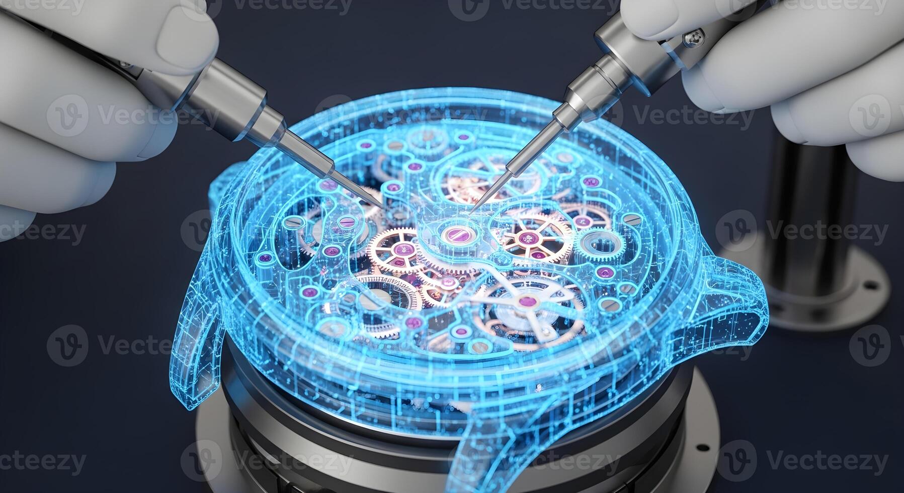 A robot watchmaker assembling an intricate data watch, a metaphor for precision engineering, time-sensitive programming, cron jobs, and the detailed, reliable mechanics of complex software systems photo