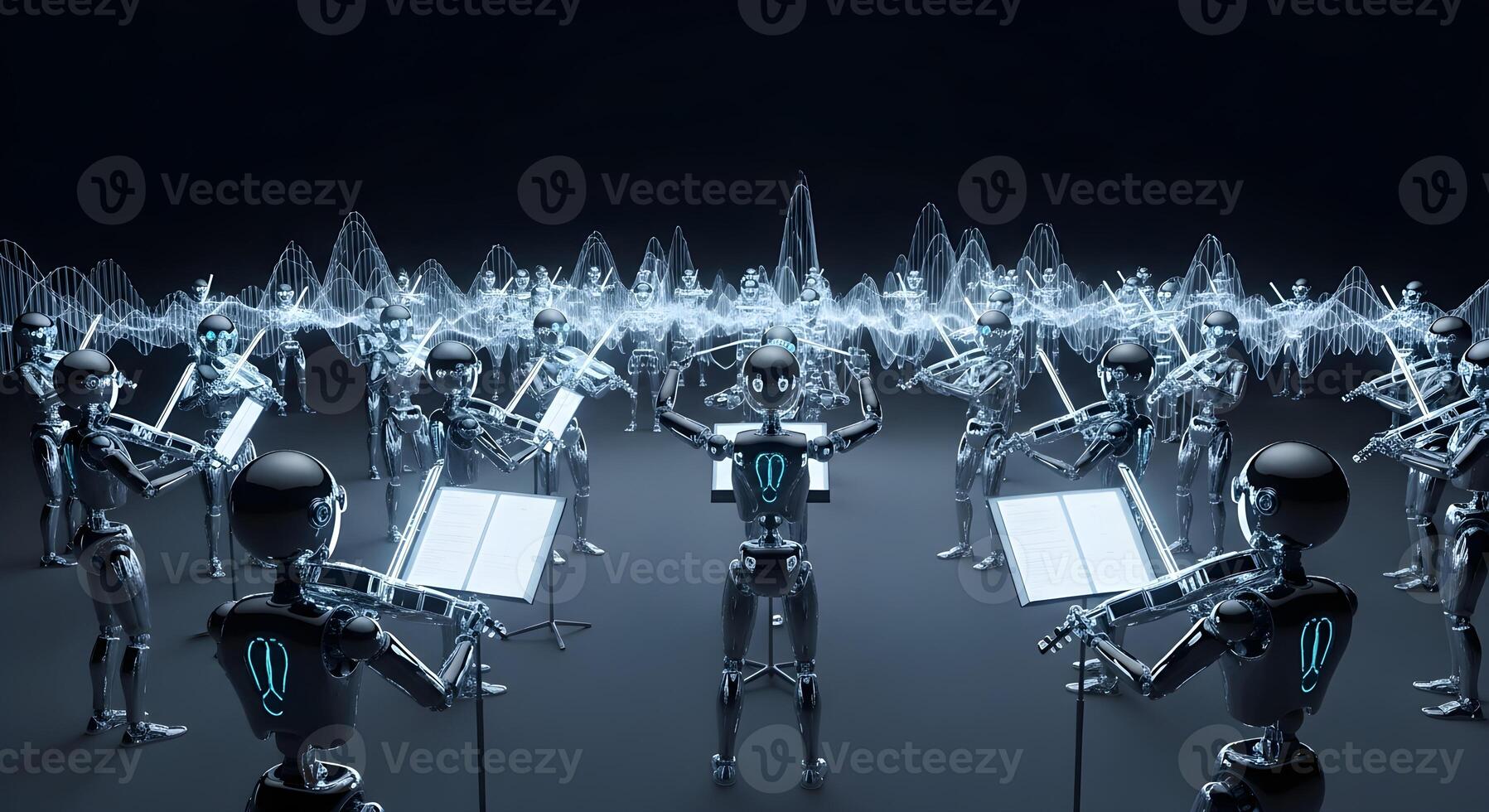 A master AI conducting a full orchestra of robots playing instruments of light, a powerful visual for system-wide orchestration, multi-agent systems, harmony, and synchronized automated processes. photo