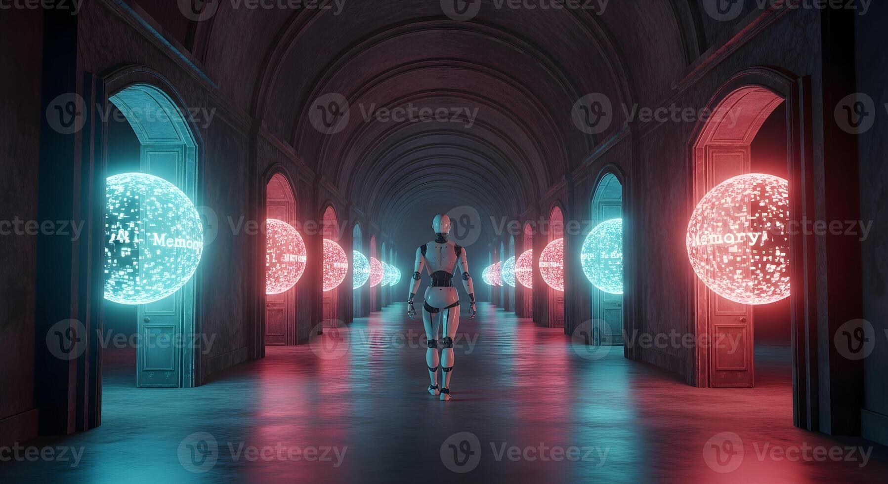 A robot navigating a 'memory palace', a surreal architectural space representing an AI's consciousness and data storage photo