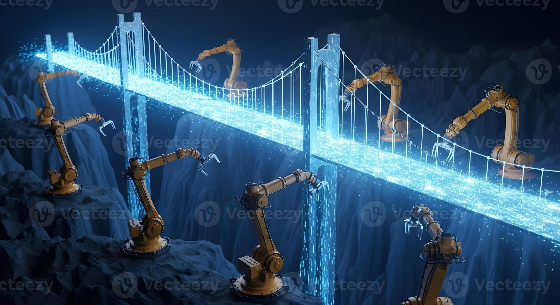 A team of AI robots building a bridge of data, a powerful concept for connectivity, network infrastructure, system integration, and bridging gaps between different technological platforms. 3D render. photo